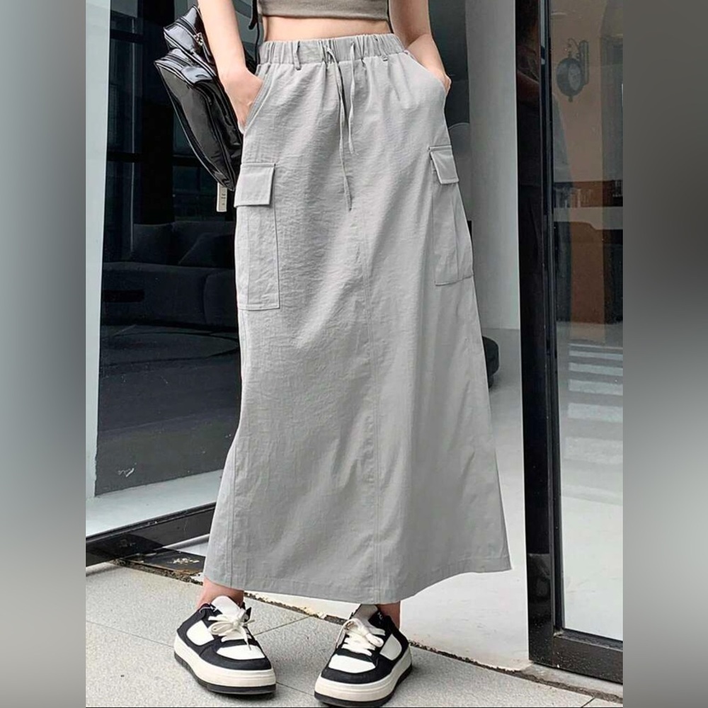 Parachute Cargo Maxi Skirt Light Gray Streetwear Style Adjustable Waist Size L